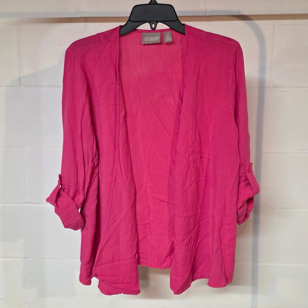 Chicos Womens L Pink Open Front Roll Tab Sleeve Rayon Cardigan Topper Size 2